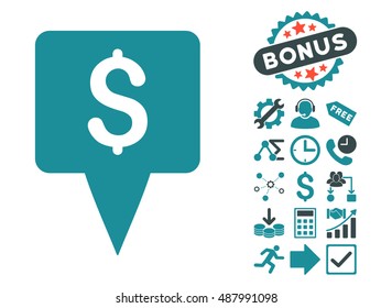 Dollar Map Pointer pictograph with bonus images. Vector illustration style is flat iconic bicolor symbols, soft blue colors, white background.
