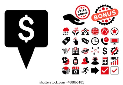 Dollar Map Pointer pictograph with bonus clip art. Vector illustration style is flat iconic bicolor symbols, intensive red and black colors, white background.