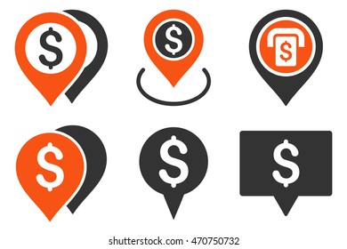 Dollar Map Pointer vector icons. Pictogram style is bicolor orange and gray flat icons with rounded angles on a white background.