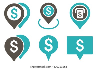Dollar Map Pointer vector icons. Pictogram style is bicolor grey and cyan flat icons with rounded angles on a white background.