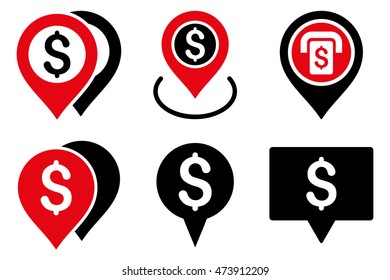 Dollar Map Pointer vector icons. Pictogram style is bicolor intensive red and black flat icons with rounded angles on a white background.