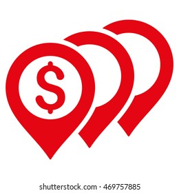 Dollar Map Pointers icon. Vector style is flat iconic symbol with rounded angles, red color, white background.