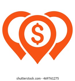 Dollar Map Pointers icon. Vector style is flat iconic symbol with rounded angles, orange color, white background.