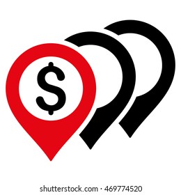 Dollar Map Pointers icon. Vector style is bicolor flat iconic symbol with rounded angles, intensive red and black colors, white background.