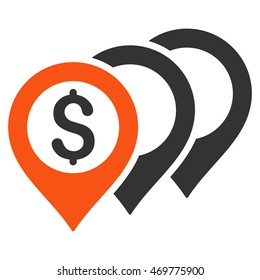 Dollar Map Pointers icon. Vector style is bicolor flat iconic symbol with rounded angles, orange and gray colors, white background.