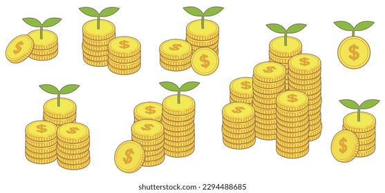 Dollar mark coin and young leaf illustration material set