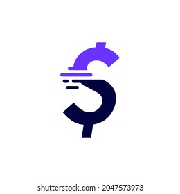 dollar mark dash money tech digital fast quick delivery movement purple logo vector icon illustration