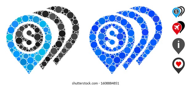 Dollar markers mosaic of filled circles in variable sizes and color hues, based on dollar markers icon. Vector filled circles are organized into blue illustration.