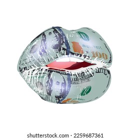 Dollar mask on the lips, money kiss with an imprint of an expensive banknote. Vector art on a transparent background.
