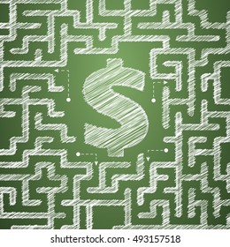 Dollar in maze. Drawing with chalk on the blackboard. Business concept