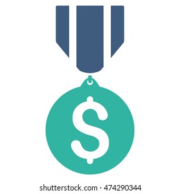 Dollar Medal icon. Vector style is bicolor flat iconic symbol with rounded angles, cobalt and cyan colors, white background.