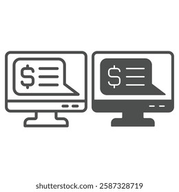 Dollar message at monitor screen line and solid icon, financial advice concept. Vector graphics. Money maker display sign on white background, outline style icon for mobile or web design