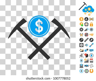 Dollar Mining Hammers icon with bonus bitcoin mining and blockchain clip art. Vector illustration style is flat iconic symbols. Designed for bitcoin software.