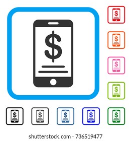 Dollar Mobile Wallet icon. Flat grey iconic symbol inside a light blue rounded rectangle. Black, gray, green, blue, red, orange color versions of Dollar Mobile Wallet vector.