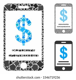 Dollar mobile wallet mosaic of unequal elements in different sizes and shades, based on dollar mobile wallet icon. Vector abrupt elements are grouped into mosaic.