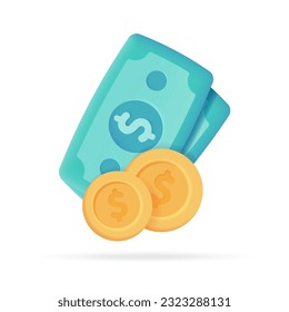 Icono 3D de dinero en dólares. gastar dinero en compras Monedas y billetes. ilustración 3D