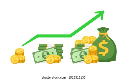 dollar money and arrow pointing up icon isolated on white, retirement money plan with arrow chart saving money concept, investment money and business finance growth, copy space for finance banner