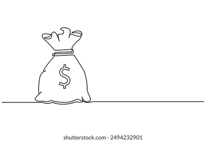 Bolsa de dinero de dólar dibujo de línea continua. Mano sosteniendo la moneda de una línea continua dibujo arte. símbolo lineal de dólar. Concepto de ahorro. Vector aislado en blanco. Bolsa de dinero con pila de monedas