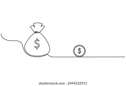 dollar money bag continuous line drawing. Hand holding coin continuous one line drawing art. Dollar linear symbol. Savings money concept. Vector isolated on white. Money bag with coins stack