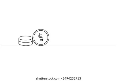 dollar money bag continuous line drawing. Hand holding coin continuous one line drawing art. Dollar linear symbol. Savings money concept. Vector isolated on white. Money bag with coins stack