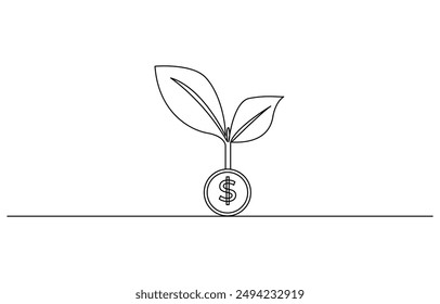 dollar money bag continuous line drawing. Hand holding coin continuous one line drawing art. Dollar linear symbol. Savings money concept. Vector isolated on white. Money bag with coins stack