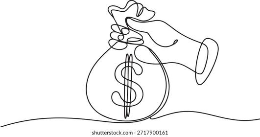 sacola de dinheiro de dólar desenho de linha contínua. Mão segurando moeda contínua uma linha desenhando arte. símbolo linear dólar. Economia conceito de dinheiro. uma linha Ícone desenho
