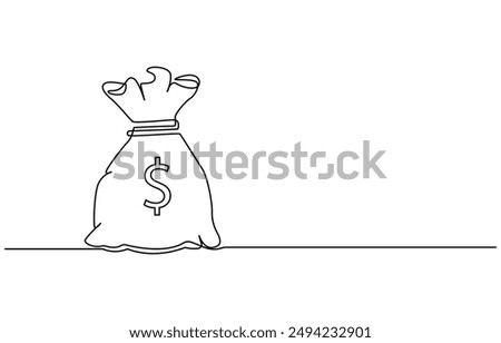dollar money bag continuous line drawing. Hand holding coin continuous one line drawing art. Dollar linear symbol. Savings money concept. Vector isolated on white. Money bag with coins stack