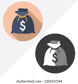 Dollar money bag flat vector icon. Illustration of black and white icons.