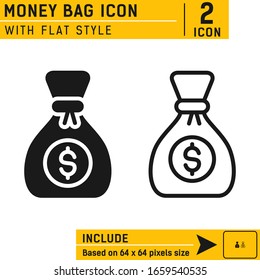 Plantilla de logo para ilustración vectorial de bolsa de dinero en dólares aislada en fondo blanco. Icono vectorial con estilo plano para diseño web, ui, ux, impresión, aplicaciones móviles y más. Tamaño y color editables. Archivo EPS