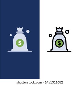 Dollar, Money, Bag  Icons. Flat and Line Filled Icon Set Vector Blue Background
