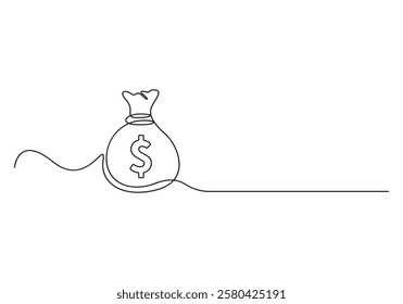 Dollar money bag single line drawing. Hand holding coin one line drawing. Dollar linear symbol. Savings money concept. Isolated on white background. Money bag with coins stack vector illustration