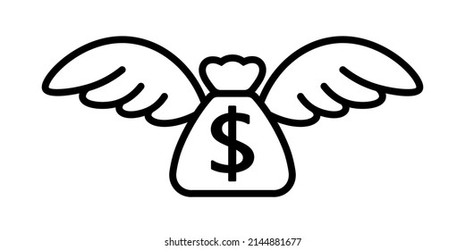 Dollar money bag with wings line icon. Clipart image isolated on white background