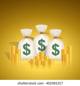 Dollar money bags with stacks of coins. Vector illustration in feng shui colors