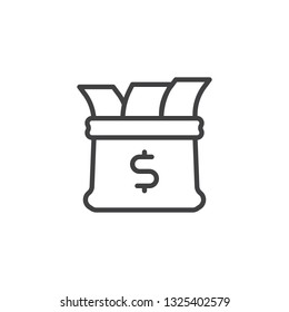 Dollar money bill bag line icon. linear style sign for mobile concept and web design. Open bag with paper money outline vector icon. Bank, finance symbol, logo illustration. Pixel perfect vector 