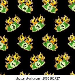 Dollar money cash burn in fire seamless pattern. Vector hand drawn doodle cartoon line illustration. Money,dollar burn,fire,flame seamless pattern concept