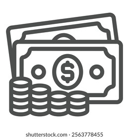 Dollar money with cent coins stack line icon, banking concept. Vector graphics. Paper bills with coin sign on white background, outline style icon for mobile or web design