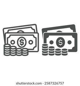 Dollar money with cent coins stack line and solid icon, banking concept. Vector graphics. Paper bills with coin sign on white background, outline style icon for mobile or web design