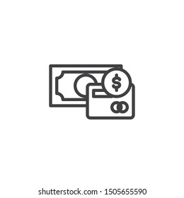 Dollar money coin and credit card line icon. linear style sign for mobile concept and web design. Payment option outline vector icon. Symbol, logo illustration. Vector graphics