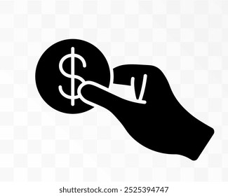 Dollar money coin in hand icon symbol. Hand holding coin logo sign. Vector illustration image. Isolated on white background.