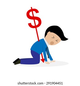 dollar money currency sign pierced through young businessman back strength and weakness money concept - vector  