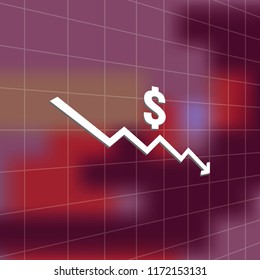 dollar money fall down icon symbol with blur background. arrow decrease economy stretching rising drop. Business lost crisis decrease. cost reduction bankrupt icon. vector illustration.