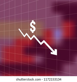 dollar money fall down icon symbol with blur background. arrow decrease economy stretching rising drop. Business lost crisis decrease. cost reduction bankrupt icon. vector illustration.