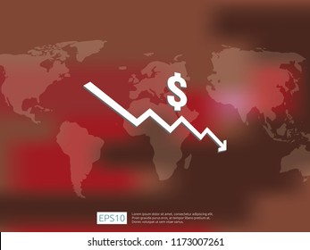dollar money fall down symbol with world map and blur background. arrow decrease economy stretching rising drop. Business loss crisis decrease illustration. cost reduction bankrupt vector.
