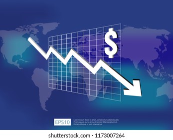 dollar money fall down symbol with world map and blur background. arrow decrease economy stretching rising drop. Business loss crisis decrease illustration. cost reduction bankrupt vector.