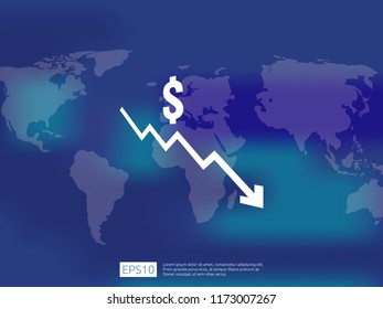 dollar money fall down symbol with world map and blur background. arrow decrease economy stretching rising drop. Business loss crisis decrease illustration. cost reduction bankrupt vector.