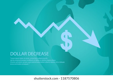 dollar money fall down symbol with arrow decrease economy stretching rising drop. Business loss crisis decrease illustration.