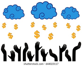 Dollar Money falling from the clouds in the human hands, stylised conceptual vector illustration