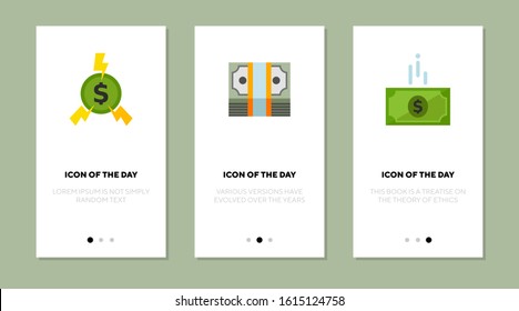 Dollar money flat vector icon set. Green coin, dollar banknotes isolated outline sign pack. Money concept. Vector illustration symbol elements for web design and apps.