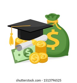 dollar money and graduation hat isolated on white, illustration flat for education success and money business, dollar money and certificate graduation and successful, money icon for scholarship