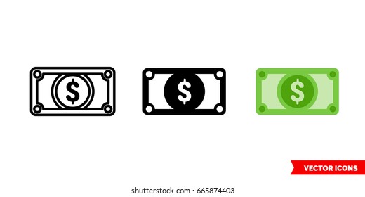 Dollar money icon of 3 types: color, black and white, outline. Isolated vector sign symbol.